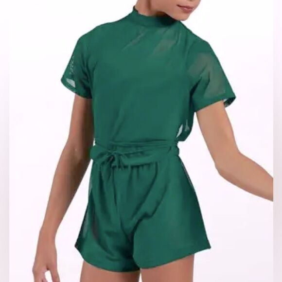 WEISSMAN balera Dance Costume green Mock Neck Power Mesh Romper SM11785 MC child - Picture 1 of 9